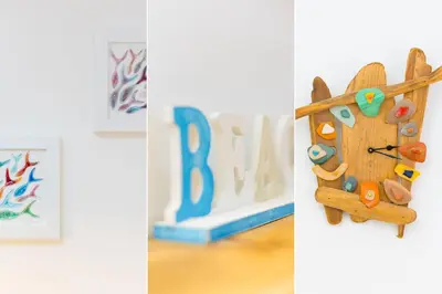 two pictures of a birthday cake with a wooden clock at 20 The Warren in St Ives