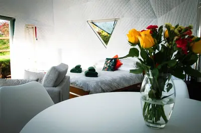 a vase of flowers sitting on a table in a room at Sunset Ridge - Luxury Geodesic Dome set in the beautiful countryside in Porkellis