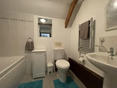 a bathroom with a toilet and a sink and a tub at Lilac Cottage Tintagel in Tintagel