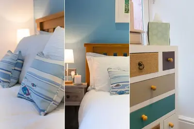 three pictures of a bedroom with a bed and pillows at Sea Salt sea views parking in St Ives