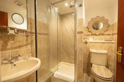 a bathroom with a shower and a toilet and a sink at The Old Mill House in Padstow