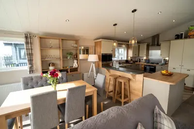 a kitchen and living room with a table and chairs at Luxury 3 bedroom Maple View Lodge, Newquay, Cornwall in Newquay