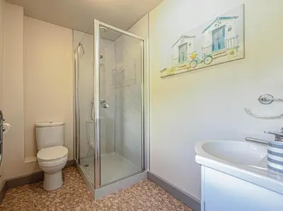 a bathroom with a shower and a toilet and a sink at 2 Bed in Camelford oc-81245 in Camelford