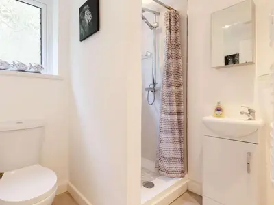 a white bathroom with a toilet and a shower at 2 Bed in St. Austell oc-88402 in Mevagissey