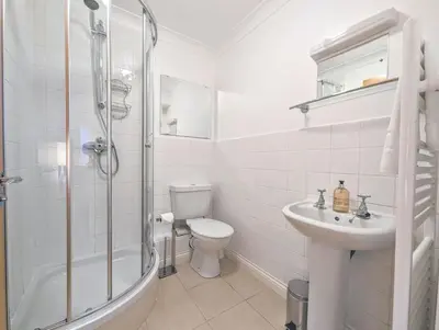 a bathroom with a toilet and a sink and a shower at Fistral beachside escape - dramatic ocean views in Crantock
