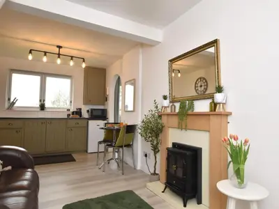 a living room with a fireplace and a mirror at 1 Bed in Nr Bude oc-penke in Saint Gennys