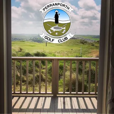 a view of a golf club sign from a window at Perranporth Golf Club Self-Catering Holiday Accommodation in Perranporth