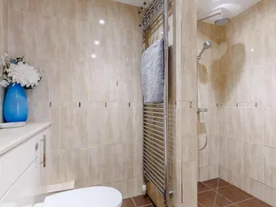 a bathroom with a shower and a toilet at 2 Bed in Redruth oc-sanap in Portreath