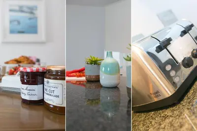 two pictures of a kitchen counter with a sink at Number One Peninsula in St Ives