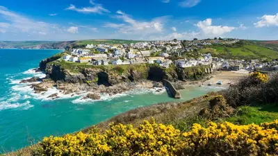 a view of a village on a rocky island in the ocean at Homestead in Port Isaac