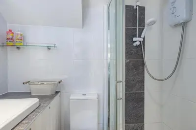 a white bathroom with a shower and a toilet at Homestead in Port Isaac