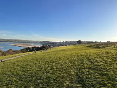 a grassy field with a beach in the background at Padstow Lodge in Padstow