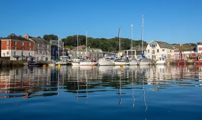 a group of boats docked in a harbor with houses at Padstow Lodge in Padstow