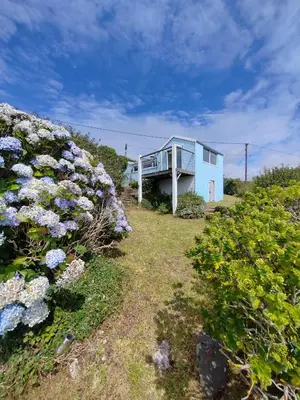 a blue house with flowers in front of it at Unique coastal detached property in Truro