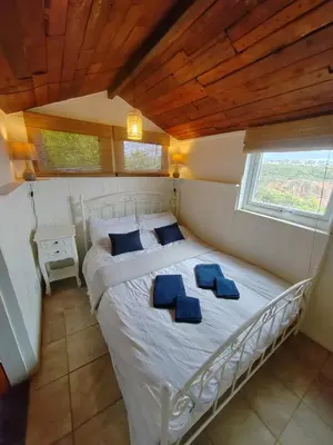 a bedroom with a bed with blue pillows on it at Unique coastal detached property in Truro