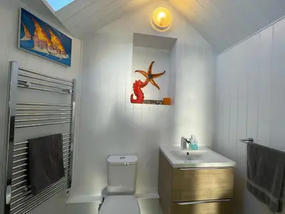 a white bathroom with a sink and a toilet at Cilia Marys Annexe St Teath in Saint Teath