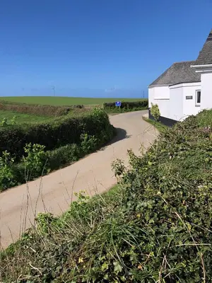 a road leading to a white building and a house at Singing Cottage in Port Isaac