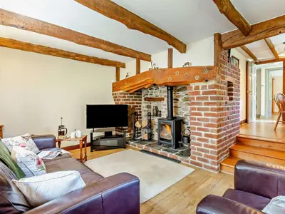 a living room with a brick fireplace and a tv at 2 Bed in Callington oc-kates in North Hill