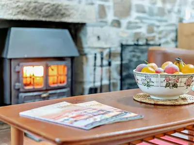 a bowl of fruit on a table in front of a stove at 2 Bed in Launceston oc-02033 in North Petherwin