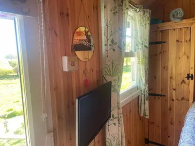 a bedroom with a tv in a wooden wall at 1 Bedroom Cabin Sleeps 2 Private Garden WiFi in Camelford