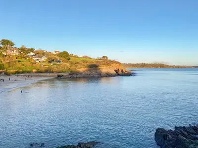 a view of a beach with people on the shore at Chy Morvoren in Falmouth
