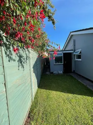 a fence with a tree with red flowers on it at Peaceful centrally located, 2 Bedroom Bungalow. in Camborne