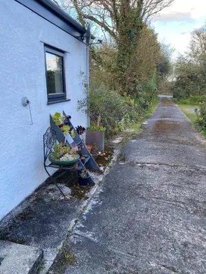 a side of a house with a table of flowers next to a road at Pond Cottage in Coverack
