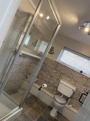 a bathroom with a toilet and a glass wall at Pond Cottage in Coverack