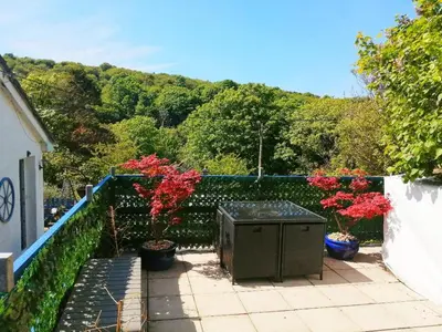a garden with two potted plants and a fence at Valkyrie in Perranzabuloe
