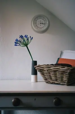 a flower in a vase on a table with a basket at The Roundhouse Tregonce, Padstow, near the sea in St. Issey