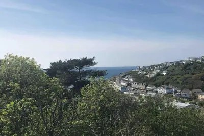 a view of a city from a hill with trees at Cliffside 3 Bedroom House with Sea Views in Portreath