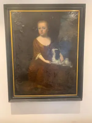 a painting of a woman holding a cat in at Georgian Apartment with Courtyard in Boscastle - Ideal for Couples and Families in Boscastle
