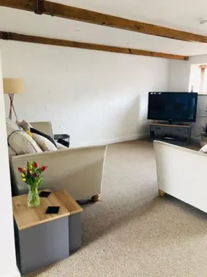 a living room with a couch and a tv at The Old Smelting Works in Truro