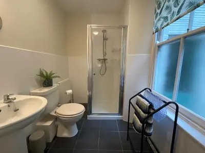 a bathroom with a shower and a toilet and a sink at Gregory Flats No. 1, by HomeInspire in Looe