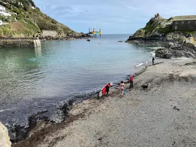 a group of people and a dog on a beach at Gregory Flats No. 1, by HomeInspire in Looe