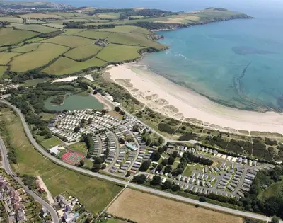 an aerial view of a resort near the beach at Delightful two bedroom caravan on Par Beach. in Par