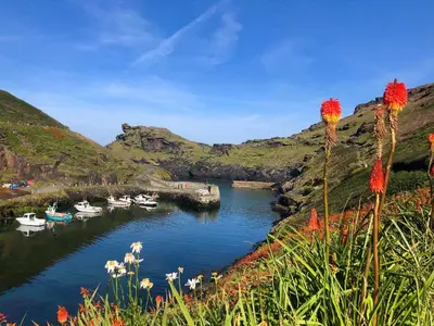 a view of a river with boats in the water at Lowen Cottage in Boscastle
