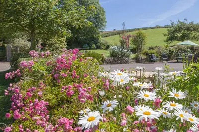 a garden with pink and white flowers in a park at Lanjew Park in Bodmin