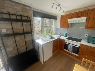 a kitchen with a sink and a stove top oven at Woodland bungalow, fantastic location in Uny Lelant