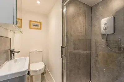 a bathroom with a shower and a toilet and a sink at Sea Whispers at Porthleven in Porthleven