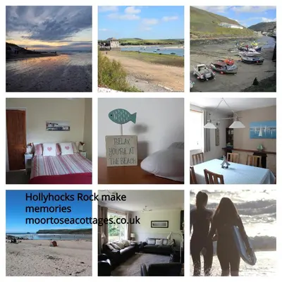 a collage of pictures of houses and a beach at Hollyhocks in Saint Minver