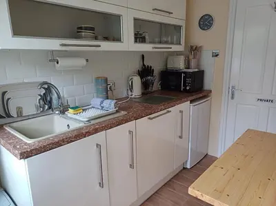 a kitchen with a sink and a counter top at The Conifers 3 Room Small but Stylish Self Catering Bedsit Flat in Nature Reserve Free Eden taxi b4 9pm no lounge in Par