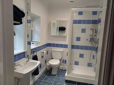 a bathroom with a toilet and a sink and a shower at The Conifers 3 Room Small but Stylish Self Catering Bedsit Flat in Nature Reserve Free Eden taxi b4 9pm no lounge in Par