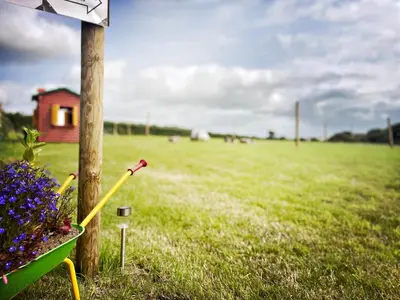 a pole with a basket of flowers in a field at Trevena Cross Glamping & Camping in Helston