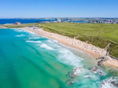 an aerial view of a beach and the ocean at 3 Bed in Newquay oc-90068 in Newquay