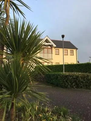 a yellow house with a palm tree in front of it at Sandbar in Saint Just in Roseland