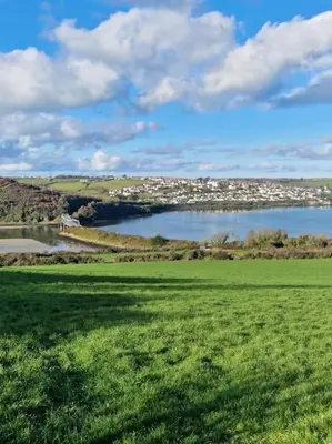 a green field with a large body of water at Shepherds haven hut Near Padstow in Saint Issey