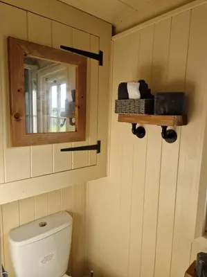 a bathroom with a mirror and a white toilet at Shepherds haven hut Near Padstow in Saint Issey