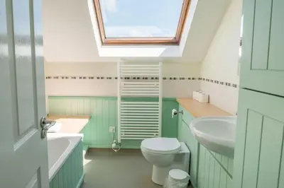a bathroom with a toilet and a sink and a skylight at Flat 3 Mawgan Porth Golf Club in Mawgan Porth