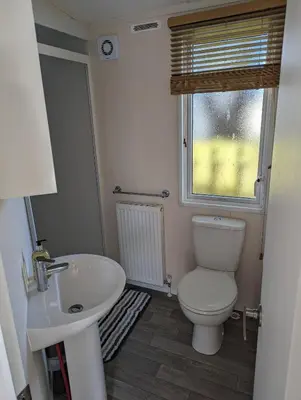 a bathroom with a toilet and a sink and a window at 11 Meadow View in Newquay